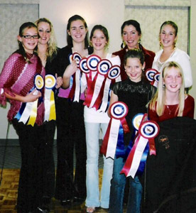 Congratulations to the Sonnenhof riders pictured here showing off their Championships won for the Conestoga CADORA 2006 Season! Back Row (L-R): Carly, Mercedes (groom), Emily, Annika, Ute (coach), Kristen. Front Row (L-R): Mariah, Brook